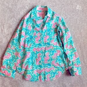Lilly Pulitzer Seahorse Print Resort Fit Button Down‎ Shirt Aqua Pink XS